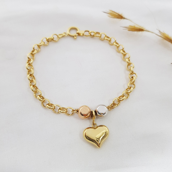 Pulseira Elo Português Coração Ouro 18k