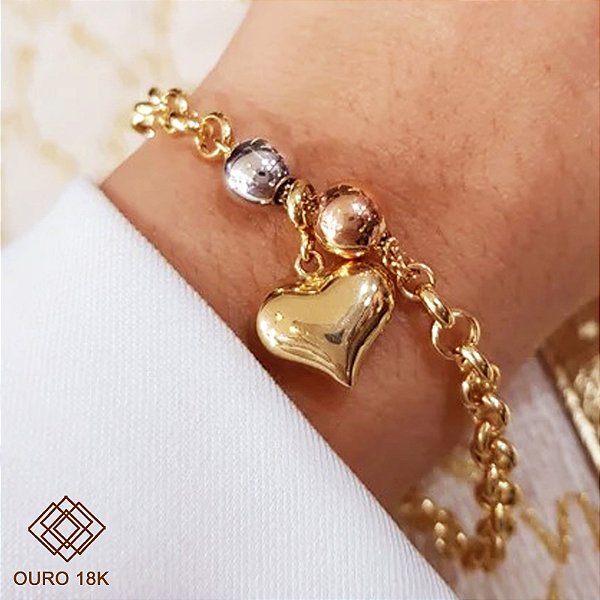 Pulseira Elo Português Coração Ouro 18k