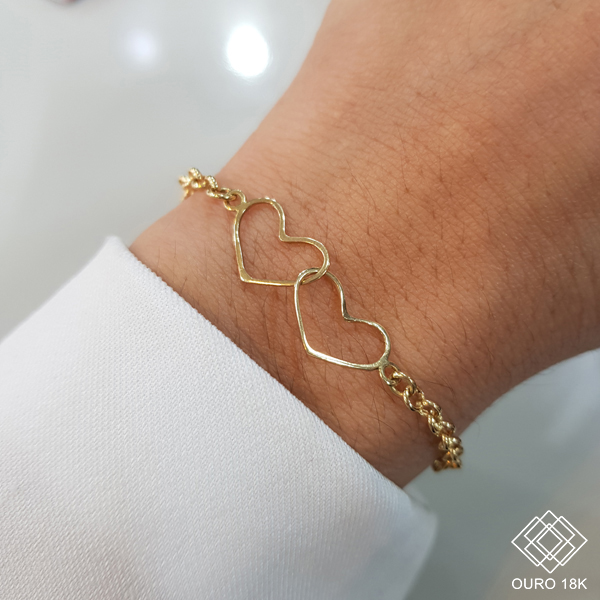 Pulseira 2 Corações Ouro 18k