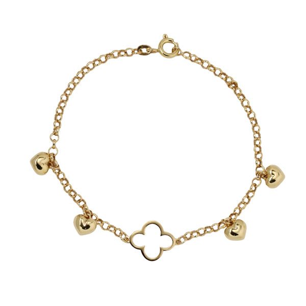 Pulseira Trevo e Corações Ouro 18k - 17cm