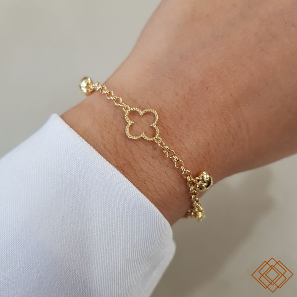 Pulseira Trevo e Corações Ouro 18k - 17cm
