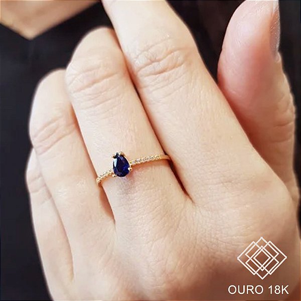 Anel Solitário Ouro 18k Zircônia Azul