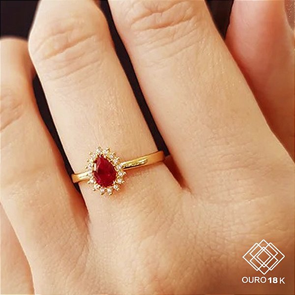 Anel Chuveiro Ouro 18k Zircônia Vermelha