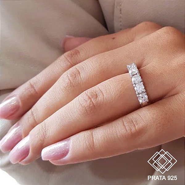 Anel Meia Aliança Prata 925 Moissanite