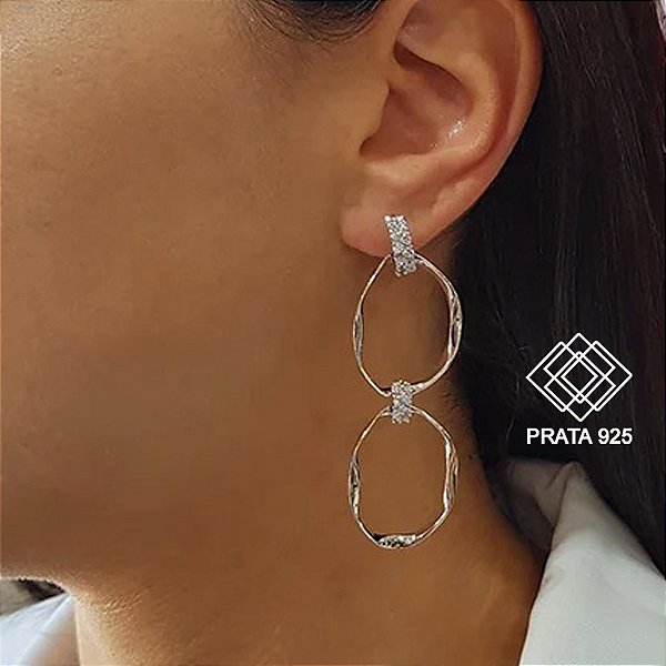 Brinco Elo Duplo Prata 925 Zircônia