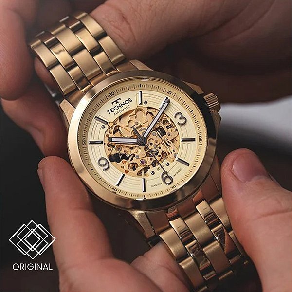 Relógio Technos Automático Skeleton Masculino Dourado
