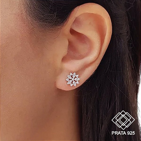 Brinco Flor Prata 925 Zircônias