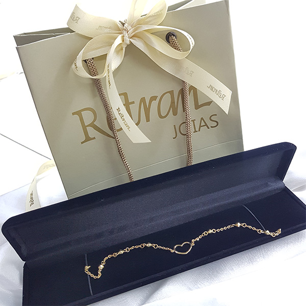 Pulseira Coração Vazado com Esferas Ouro 18k