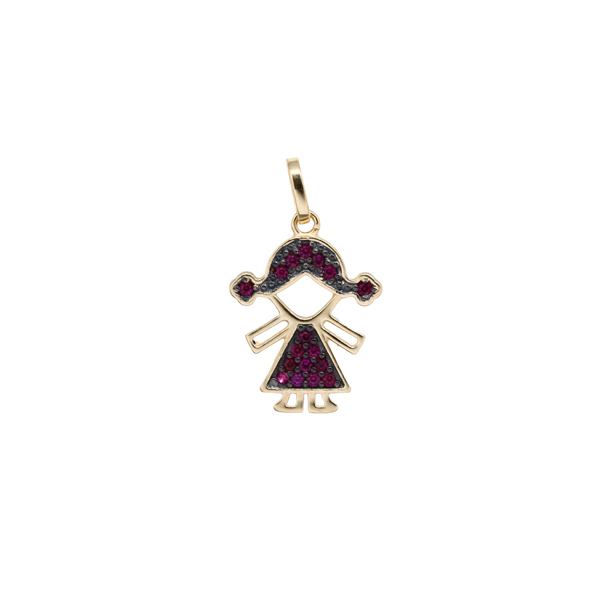 Pingente Menina Ouro 18k Zircônia Vermelha