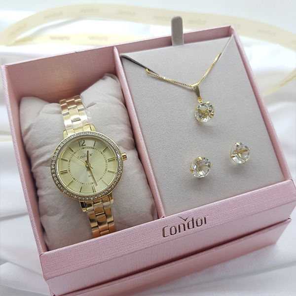 Kit Relógio Condor Feminino Dourado Co2035oak/k4x