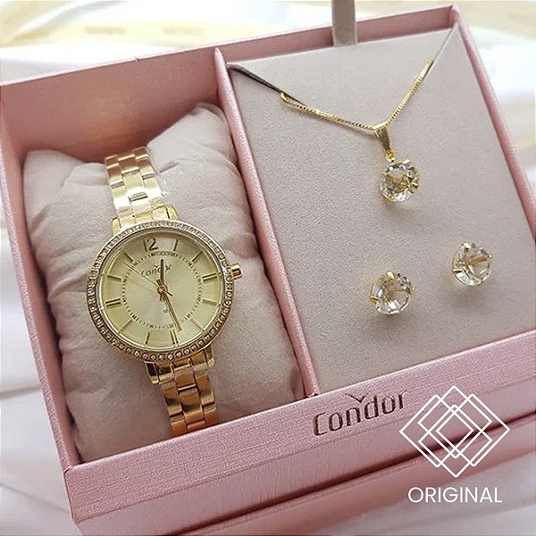 Kit Relógio Condor Feminino Dourado Co2035oak/k4x
