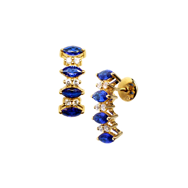 Brinco Navete Ouro 18k Zircônia Azul