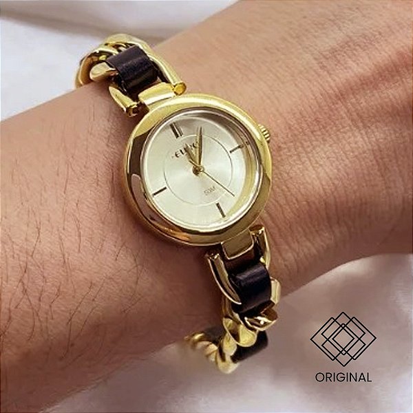 Relógio Euro Feminino Dourado Couro Eu2035zbk/5d