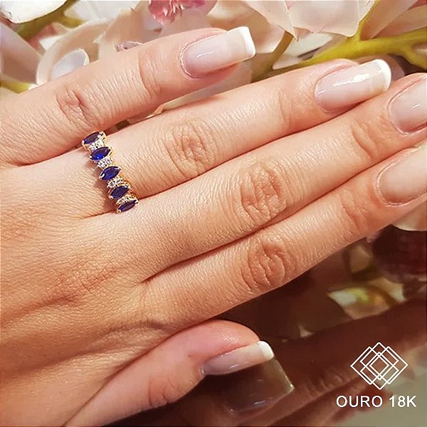 Anel Navete Ouro 18k Safira e Diamante