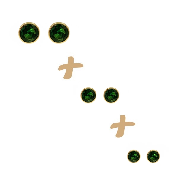 Kit 3 Pares Brinco Ponto de Luz Zircônia Verde Ouro 18k