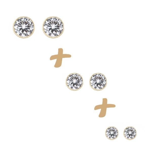 Kit 3 Pares Brinco Ponto de Luz Zircônia Branca Ouro 18k