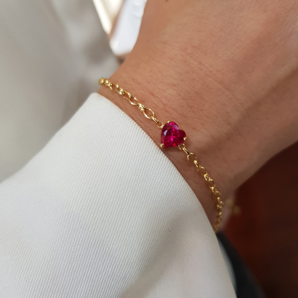 Pulseira Coração Zircônia Vermelha Ouro 18k
