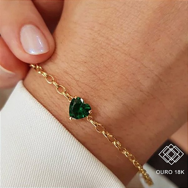 Pulseira Coração Zircônia Verde Ouro 18k