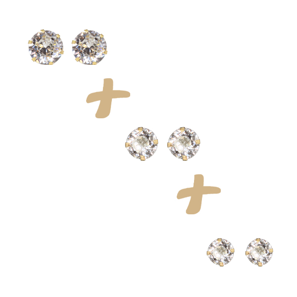Kit 3 Pares Brinco Ponto de Luz Zircônia Branca Ouro 18k