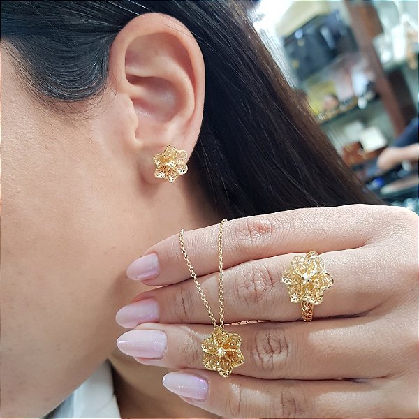 Conjunto 3 peças - Brinco, Gargantilha e Anel Ouro 18k