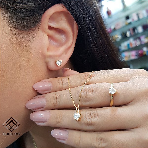 Conjunto 3 peças - Brinco, Gargantilha e Anel Ouro 18k