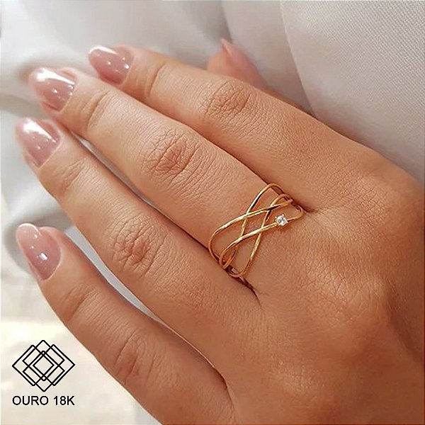 Anel Trançado em Ouro 18k e Zircônia