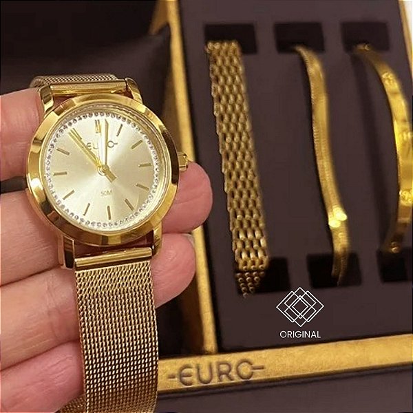 Kit Relógio Euro Feminino Dourado Eu2035zce/k4d