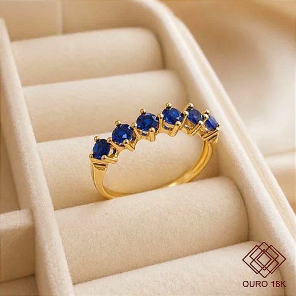 Anel Meia Aliança em Ouro 18k e Zircônia Azul