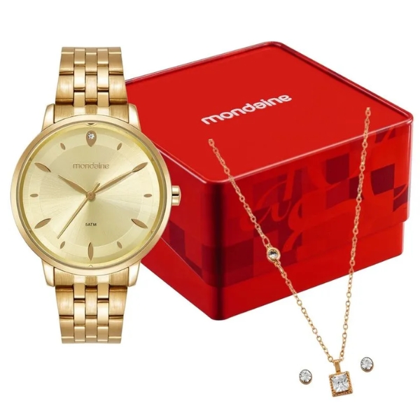 Kit Relógio Mondainde Feminino Dourado 99920lpmkde1k1