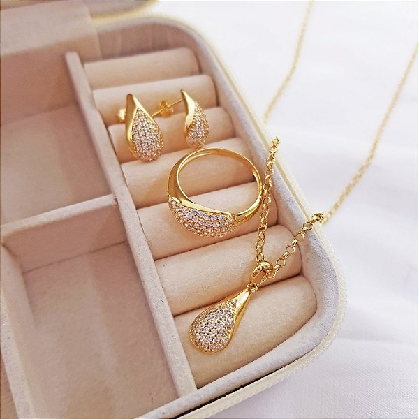 Conjunto 3 peças - Brinco, Gargantilha e Anel Ouro 18k