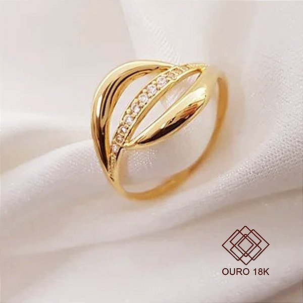 Anel Vazado em Ouro 18k e Zircônias