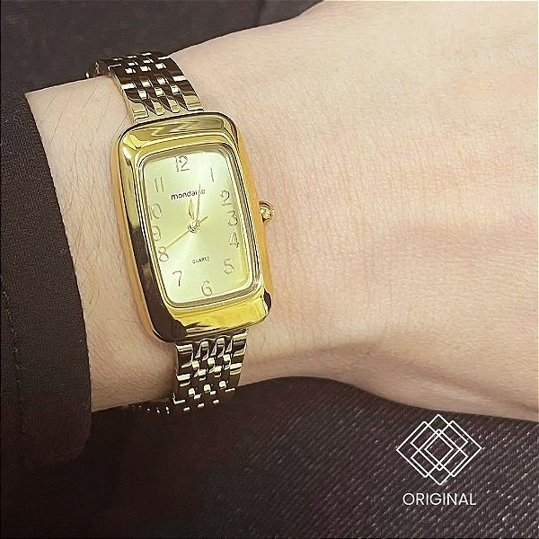 Relógio Feminino Retangular Abaulado Dourado Mondaine 33007lpmvde1
