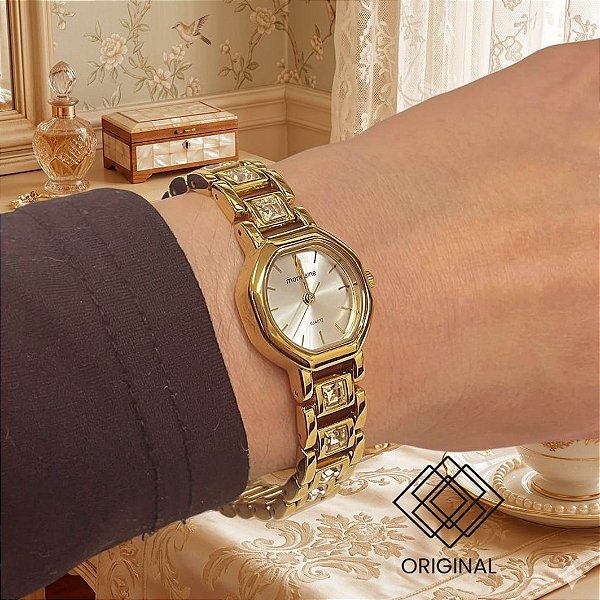 Relógio Feminino Facetado Cristais Dourado Mondaine 33000lpmvdm1