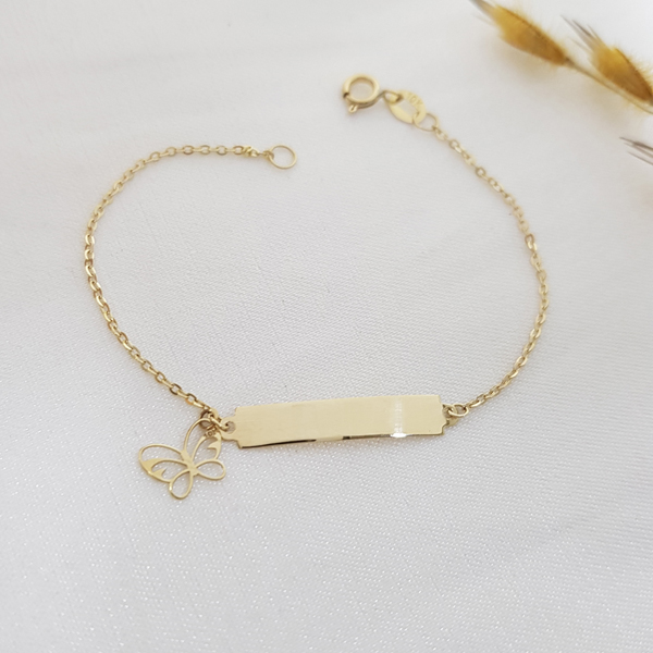 Pulseira Infantil Plaquinha e borboleta em Ouro 10k