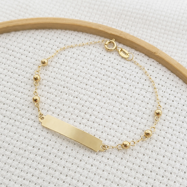 Pulseira Infantil Plaquinha com Esferas em Ouro 10k