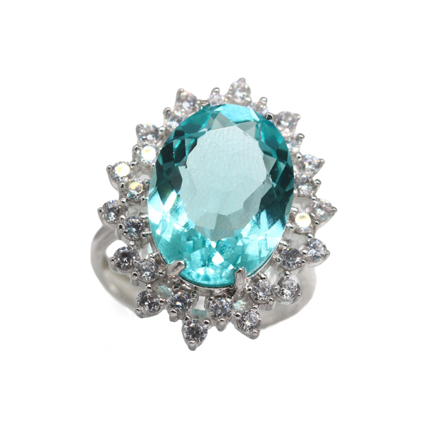 Anel Prata 925 Pedra Azul Oval com Zircônias