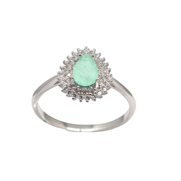 Anel Gota Pedra Verde Prata 925 com Zircônias