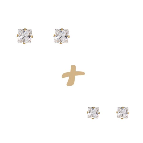 Kit 2 Pares Brinco Ponto de Luz Quadrado Ouro 18k com Zircônia
