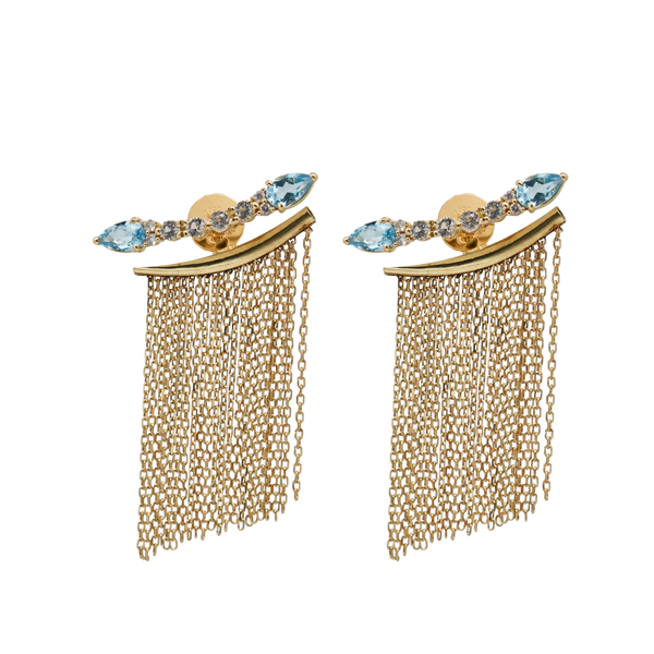 Brinco Ear Cuff Franja Ouro 18k com Topázio Azul