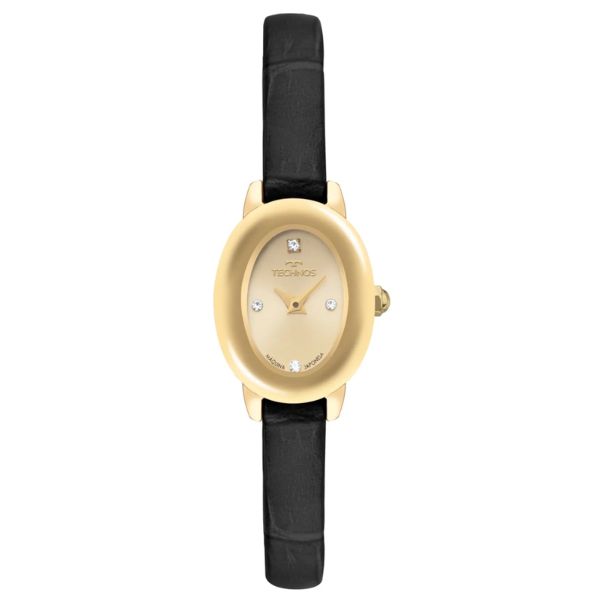 Relógio Technos Feminino Mini Joia Dourado Couro Preto 5Y20MI/0X
