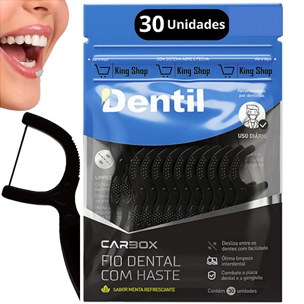 Fio Dental Dentil Haste Carvão Limpeza Dentes Gengivas C/ 30