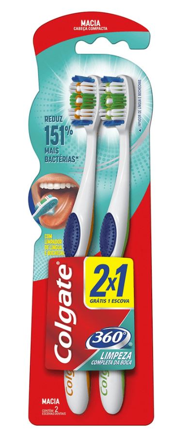 Escova Dental Colgate 360 Limpeza Completa Macia C/ 2