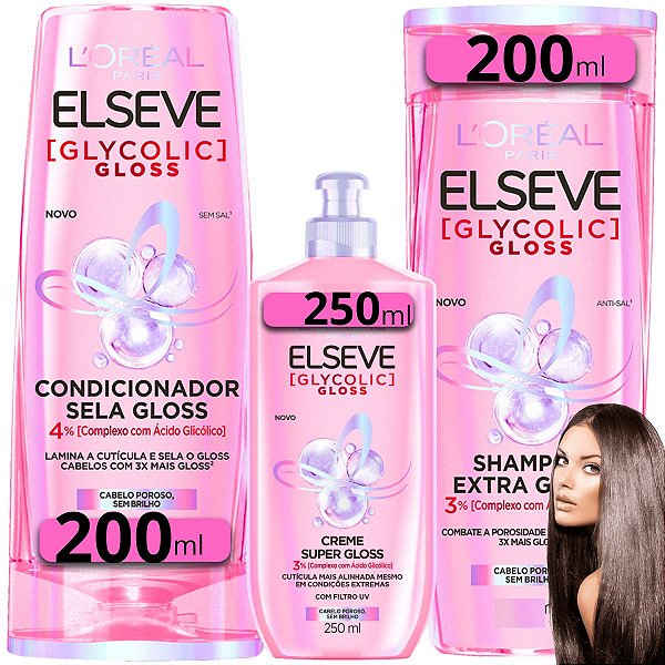 Kit Shampoo + Condicionador 200ml + Creme Para Pentear 250ml Elseve Glycolic Extra Gloss