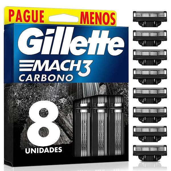 Carga Aparelho Gillette Mach 3 Carbono Lâminas Barbear C/ 8