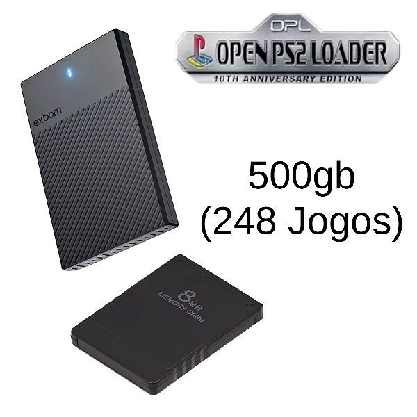 Kit OPL com HD 500gb (248 jogos) + Memory Card 8MB - PS2