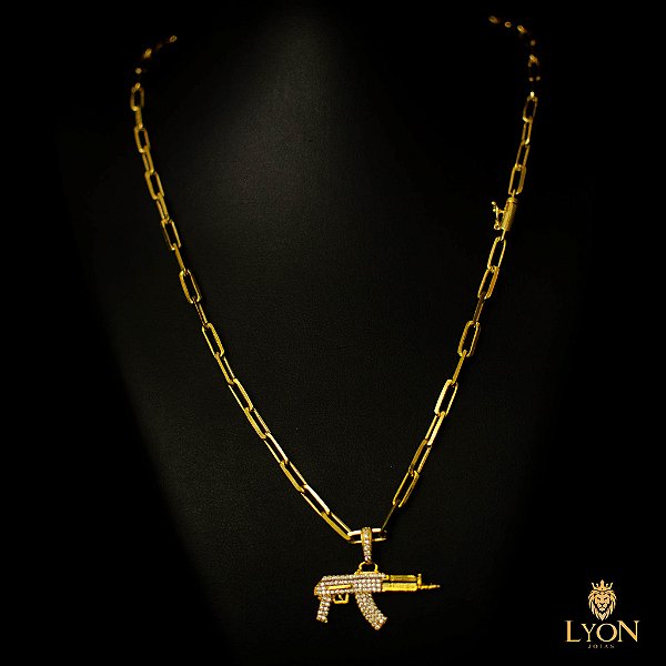 Corrente Cadeado 5mm + Pingente AK-47 Cravejado 5g - Banhado a Ouro 18K -  Lyon Joias 18K