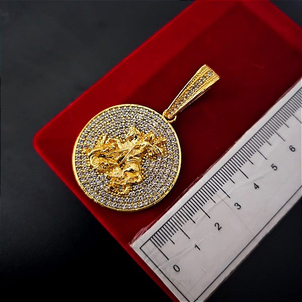 Pingente São Jorge Redondo Cravejado G - Banhado a Ouro 18k