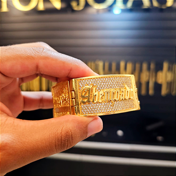 Bracelete Abençoado Cravejado 30mm 22cm - Banhado a Ouro 18k