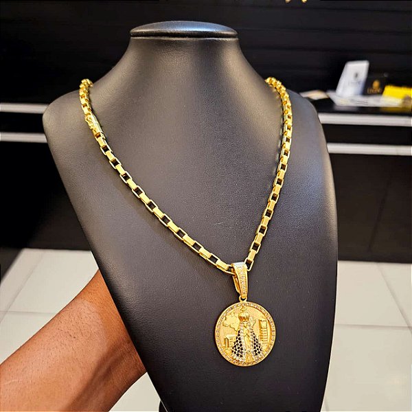 Corrente Tijolinho 6mm Fecho Bomba + Pingente Nossa Senhora Cravejado  - Banhado a Ouro 18k