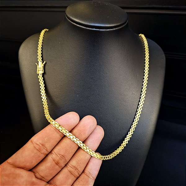 Corrente Cadeado Duplo 5mm Fecho Gaveta Duplo 750 - Banhado a Ouro 18k